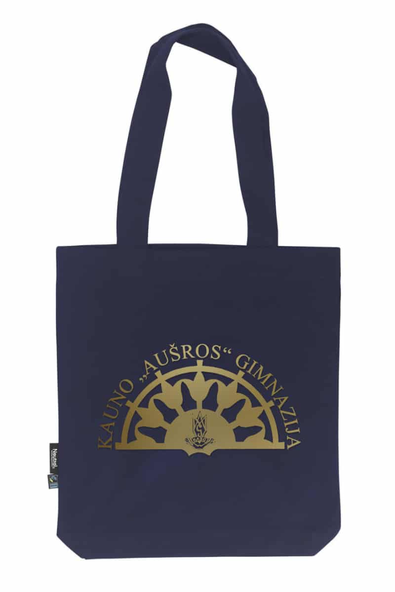 Kauno "Aušros" gimnazijos organinės medvilnės maišelis. Tamsiai mėlynos spalvos. Dydis universalus. Termo spaudos logotipas yra aukso spalvos.
