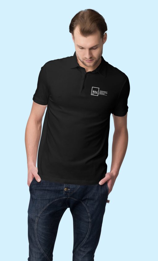 KTU MGMF vyriški/unisex polo marškinėliai su logo priekyje ir pasauliu nugaroje